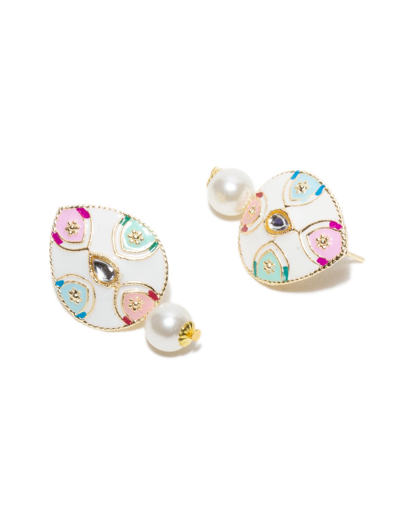 Hand Painted Tear Drop Shape White Pearl Multi Color Patwa Set With Earrings