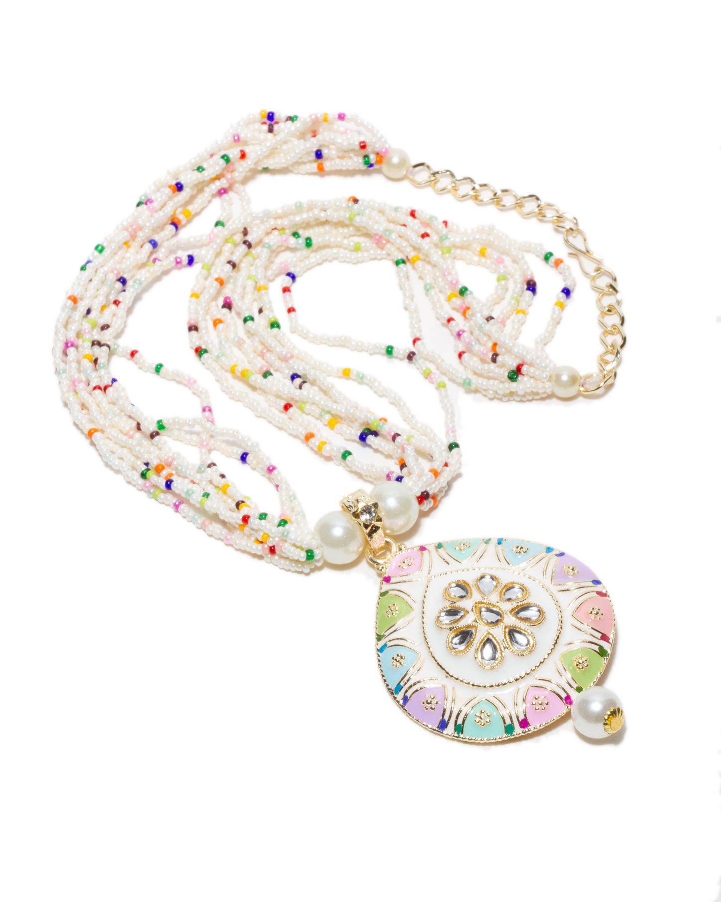 Hand Painted Tear Drop Shape White Pearl Multi Color Patwa Set With Earrings