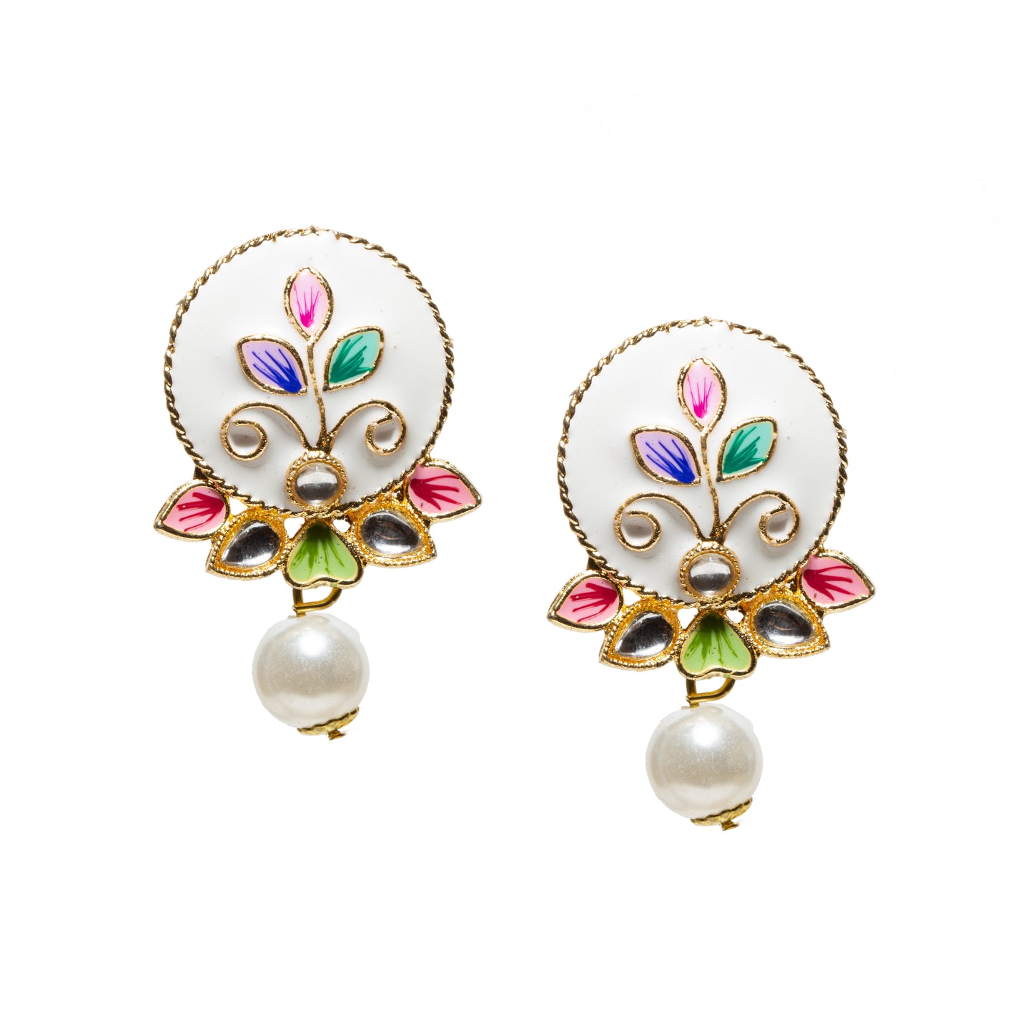 Hand Painted Tear Drop Shape White Pearl Multi Color Patwa Set & Earrings