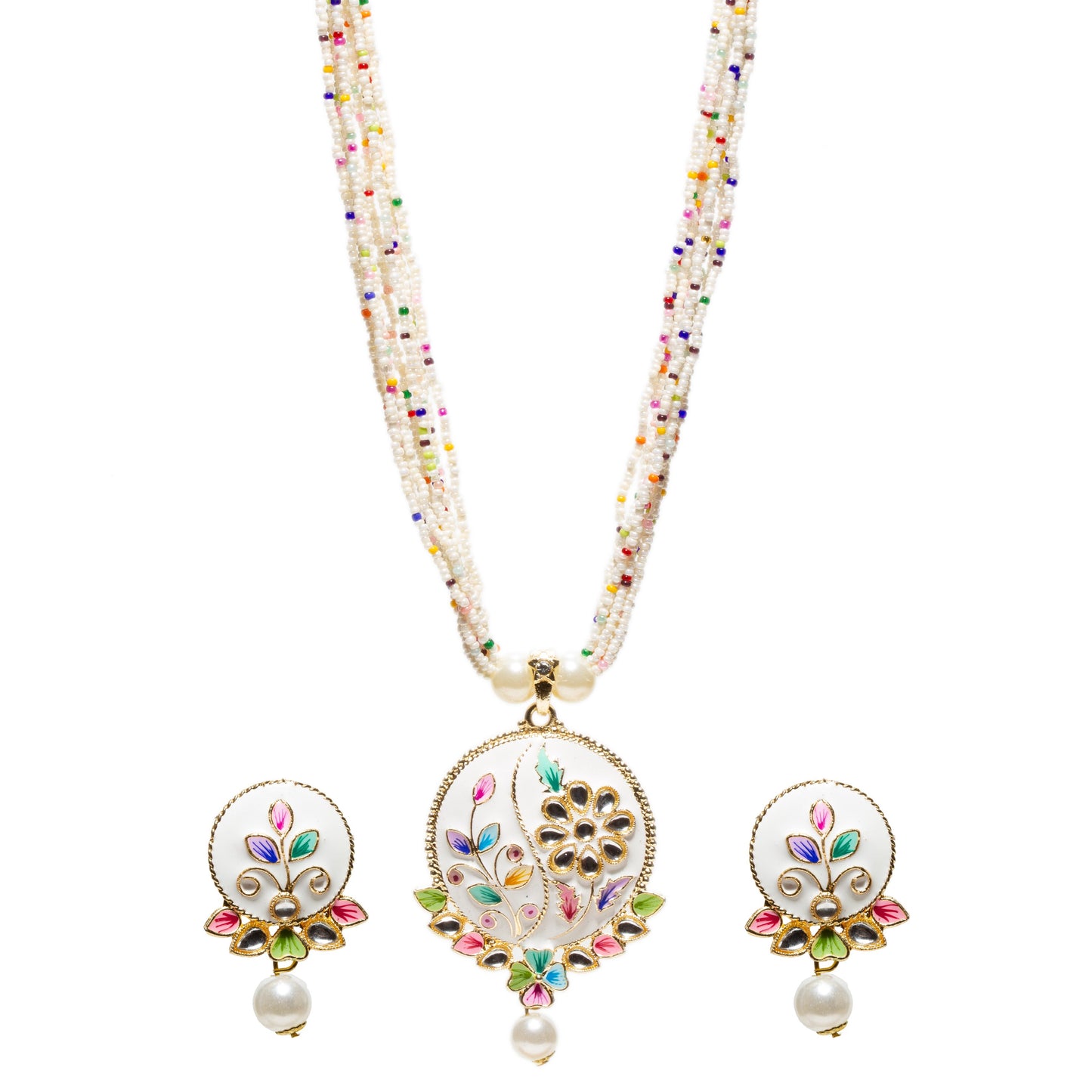 Hand Painted Tear Drop Shape White Pearl Multi Color Patwa Set & Earrings