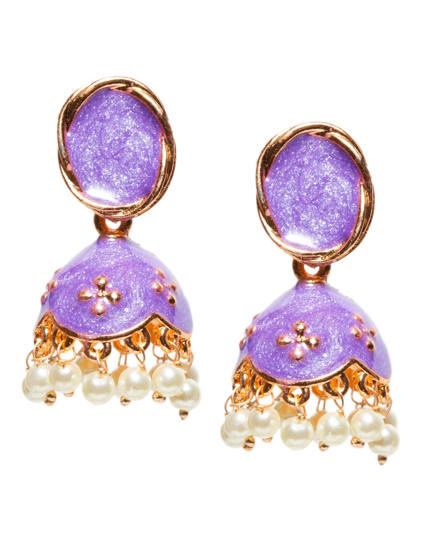 Front view Bindhani rose gold-tone jhumka earrings featuring oval stud tops with purple meenakari enamel work. The earrings have dome-shaped drops adorned with embossed motifs and dangling white pearl beads, creating a graceful traditional ethnic look.