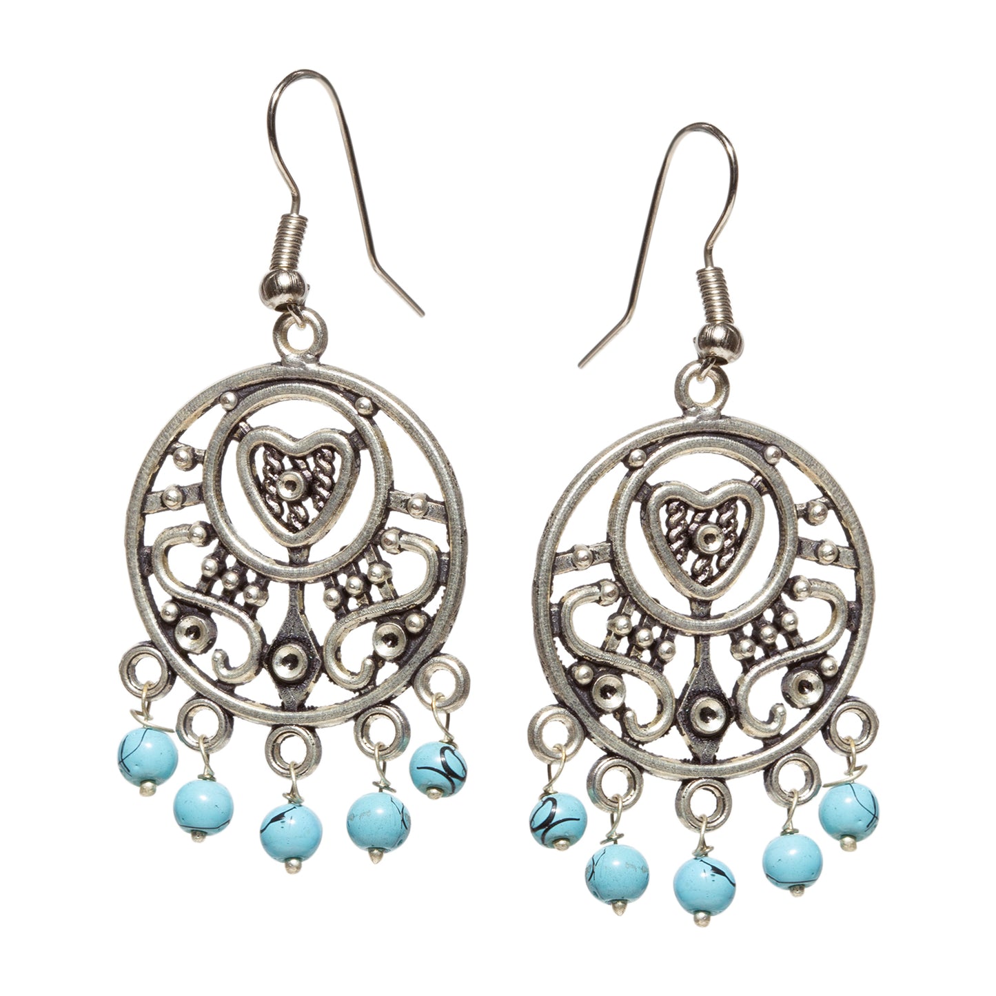 bindhani black silver tone crescent shape filigree dangle oxidised earrings secured with fish hook earwire for women and girls