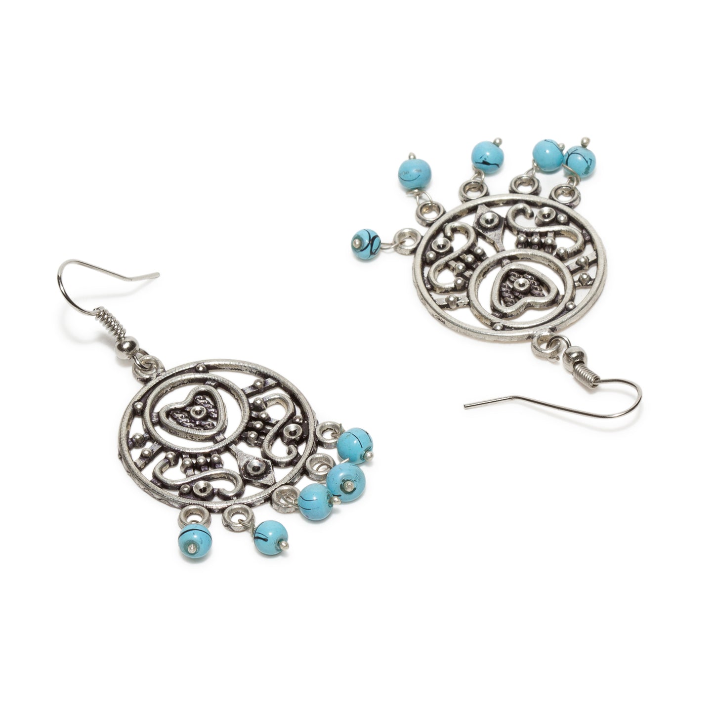 bindhani black silver tone crescent shape filigree dangle oxidised earrings secured with fish hook earwire for women and girls