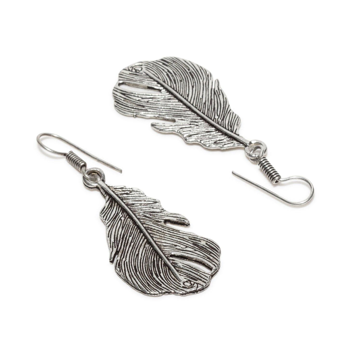 bindhani silver plated feather leaf shaped oxidised earrings secured with fish hook earwire for women and girls