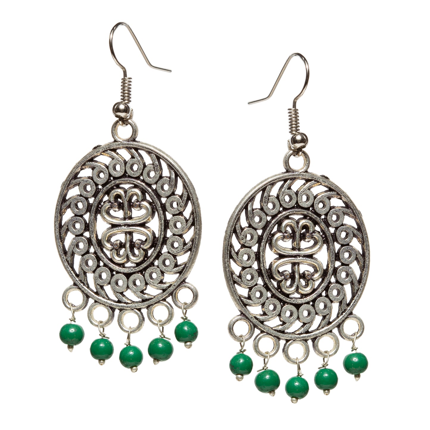 bindhani silver plated green beads long oxidised earrings secured with fish hook for women and girls