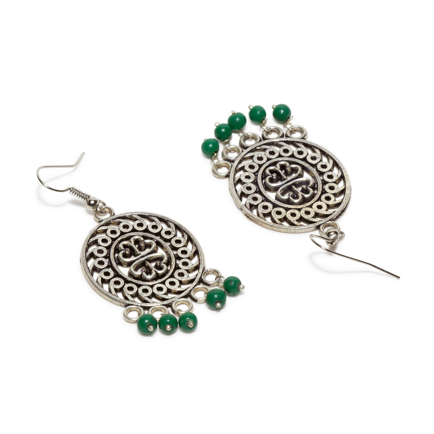 bindhani silver plated green beads long oxidised earrings secured with fish hook for women
