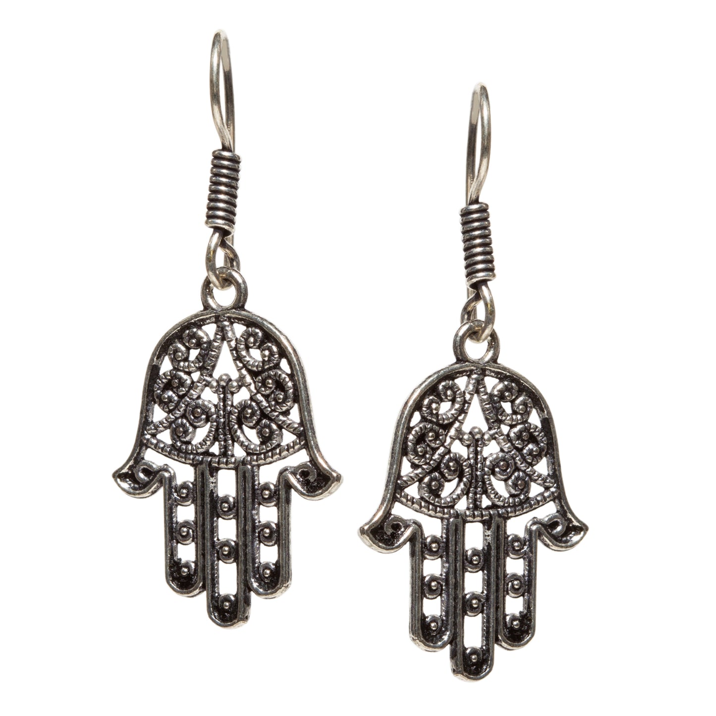 bindhani silver plated hand design oxidised small earrings secured with fish hook earwire for women and girls