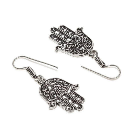 bindhani silver plated hand design oxidised small earrings secured with fish hook earwire for women and girls