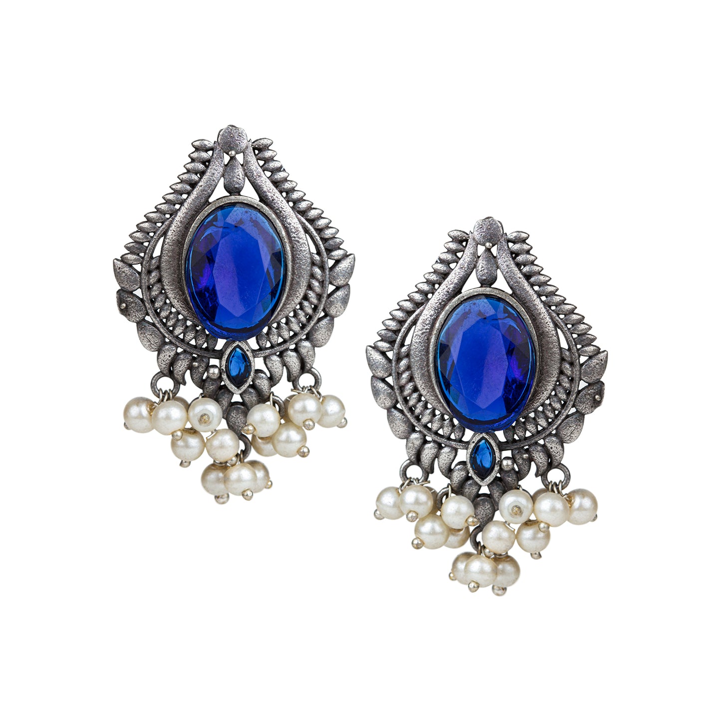 bindhani silver toned blue stone pearl beads oxidised earrings for women girls
