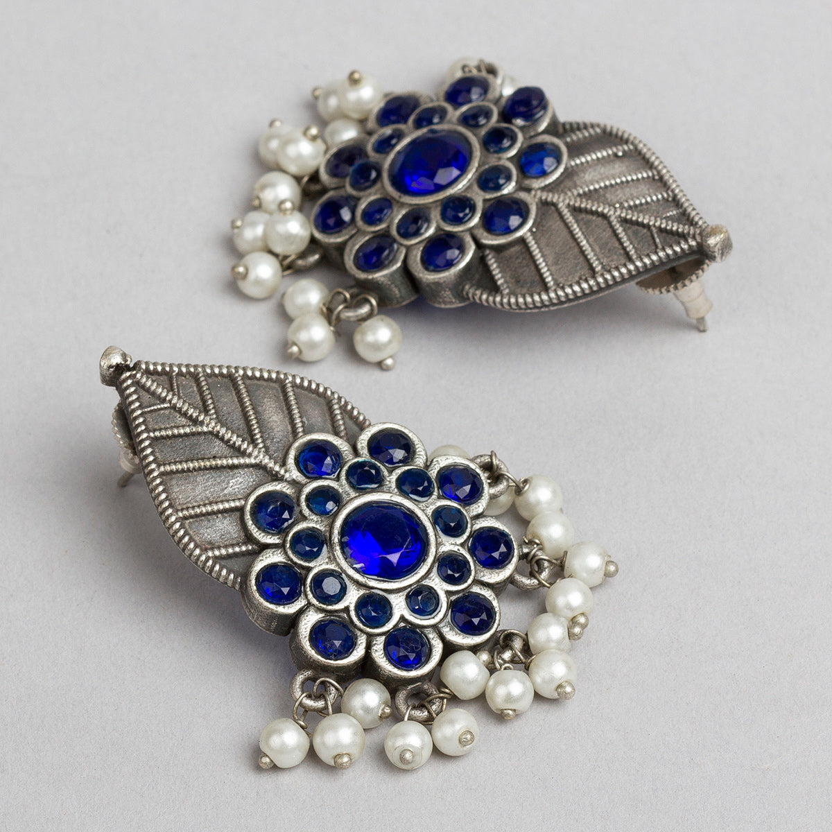 bindhani silver toned blue stone pearl beads oxidised earrings for women girls