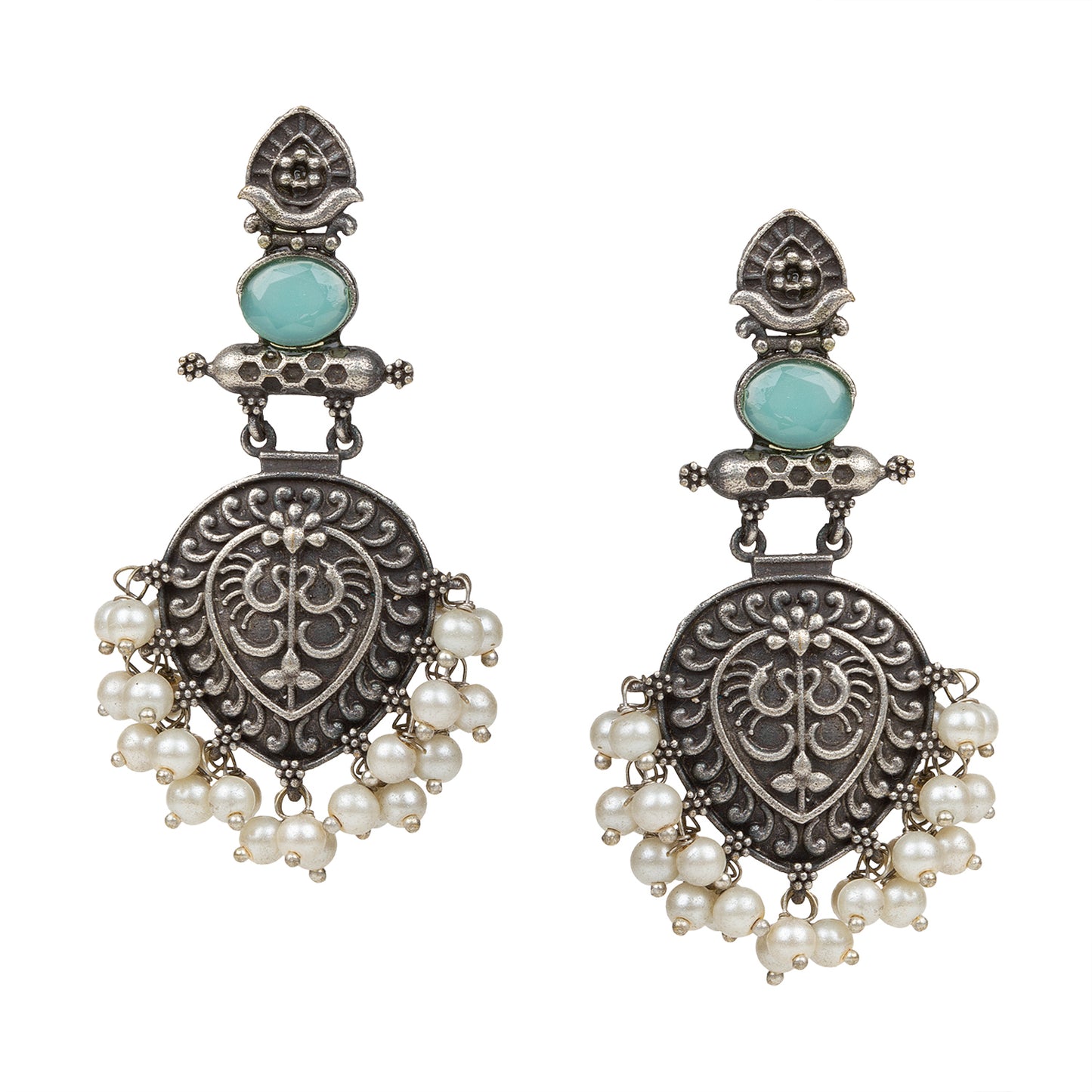 bindhani silver toned blue stone pearl beads oxidised earrings for women girls
