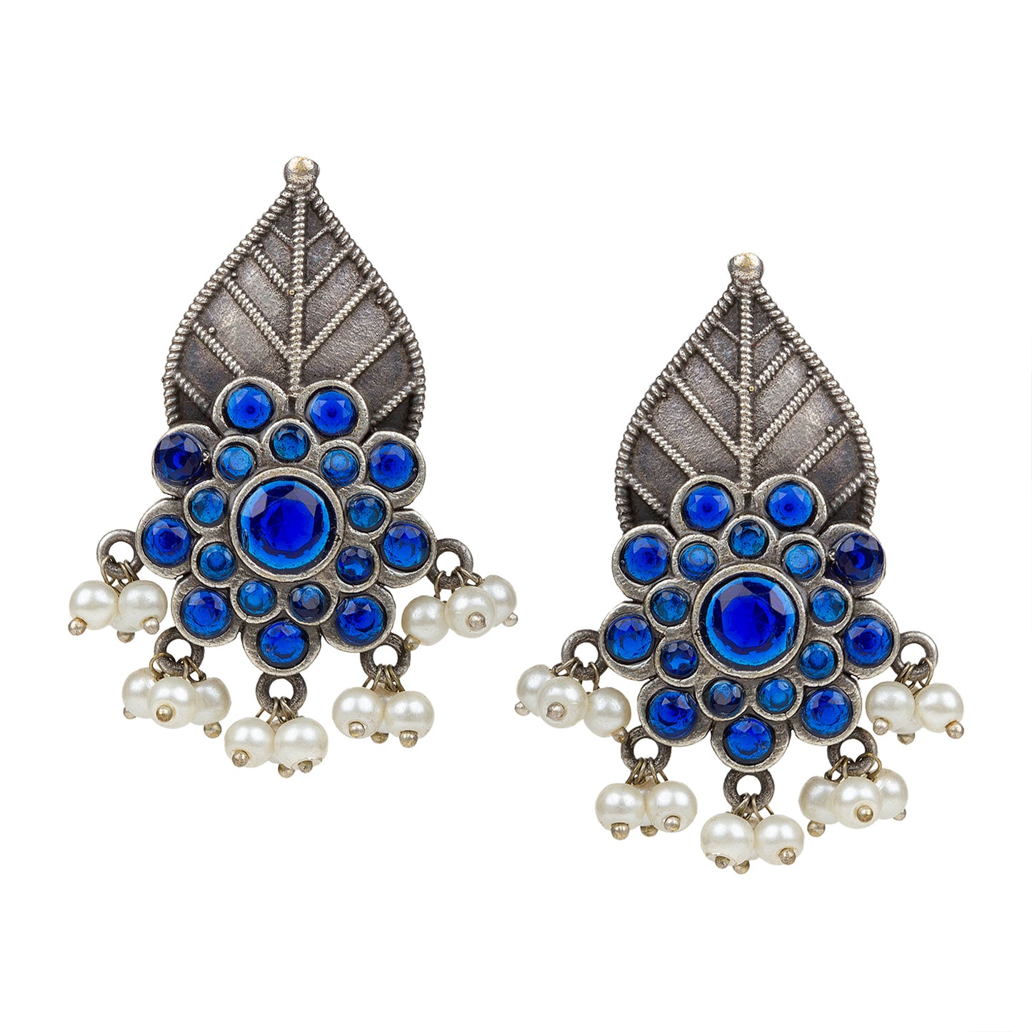 bindhani silver toned blue stone pearl beads oxidised earrings for women girls