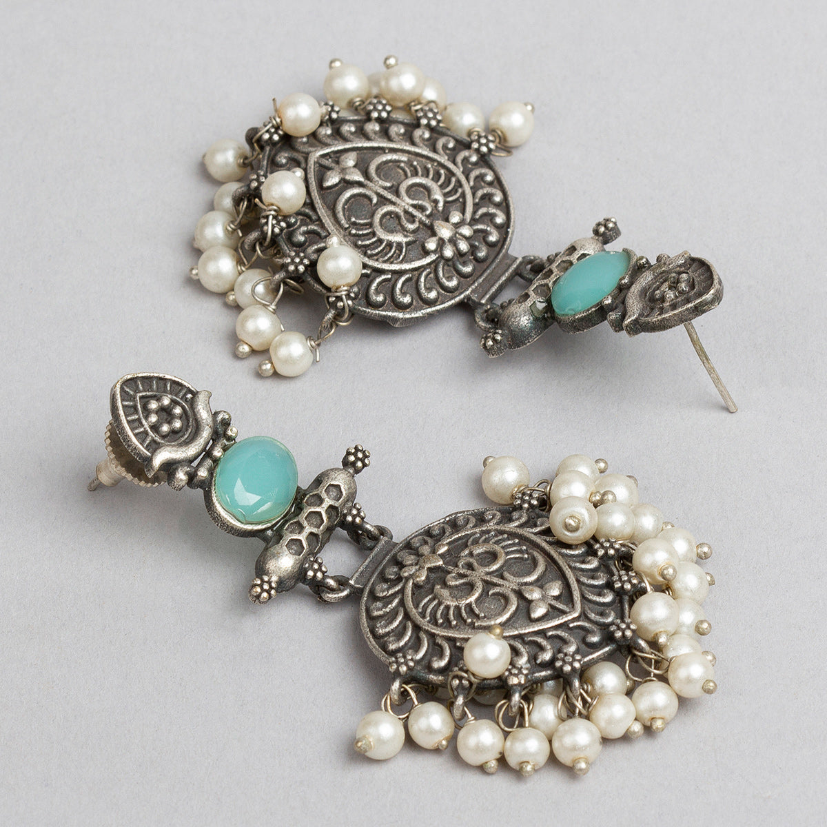 bindhani silver toned blue stone pearl beads oxidised earrings for women girls