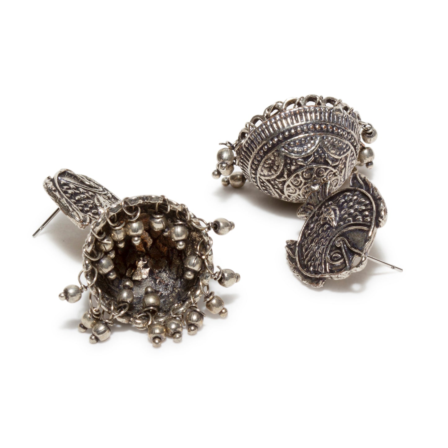 bindhani silver toned fish shaped ghungroo black oxidised earrings jhumka for women and girls