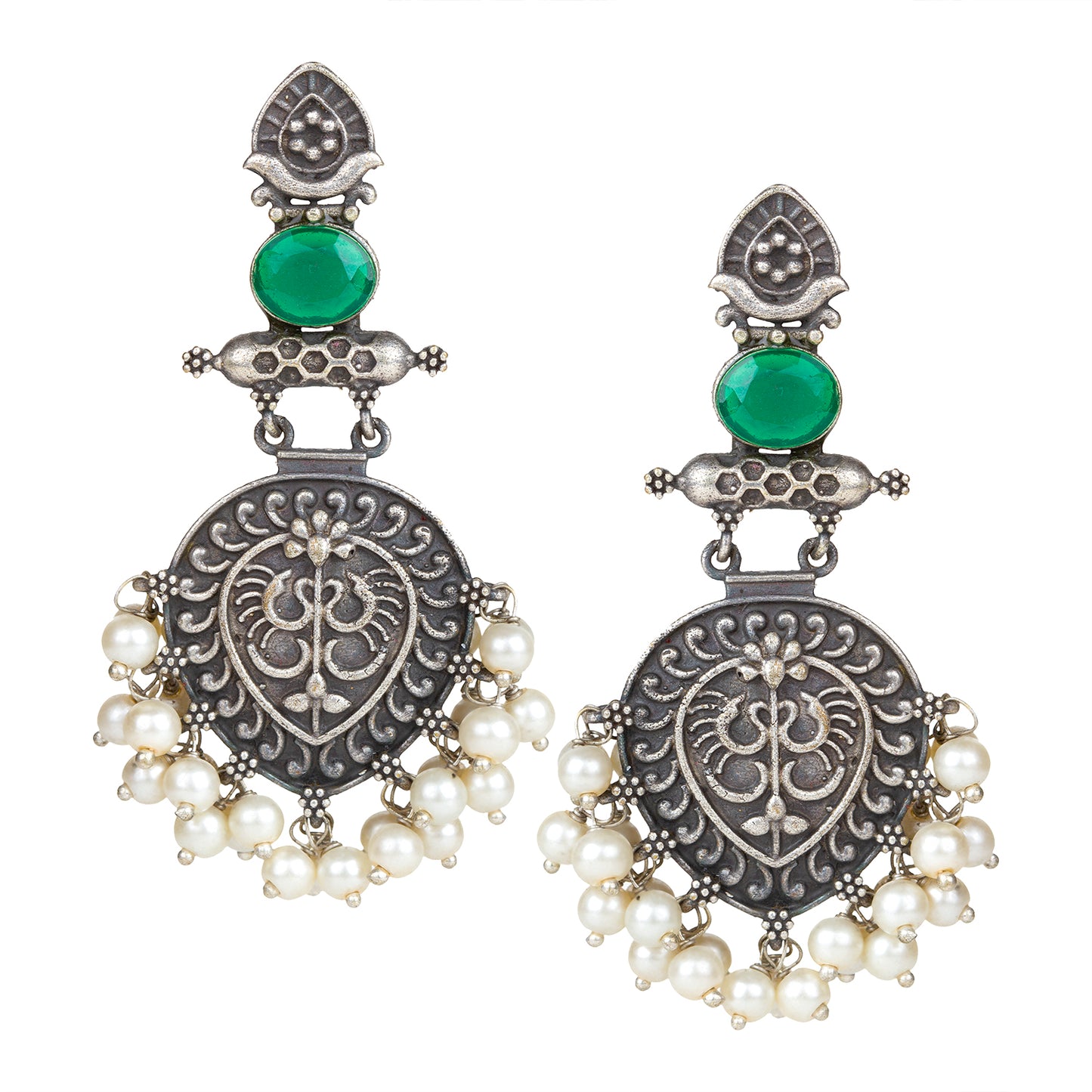 bindhani silver toned green stone pearl beads oxidised earrings for women girls