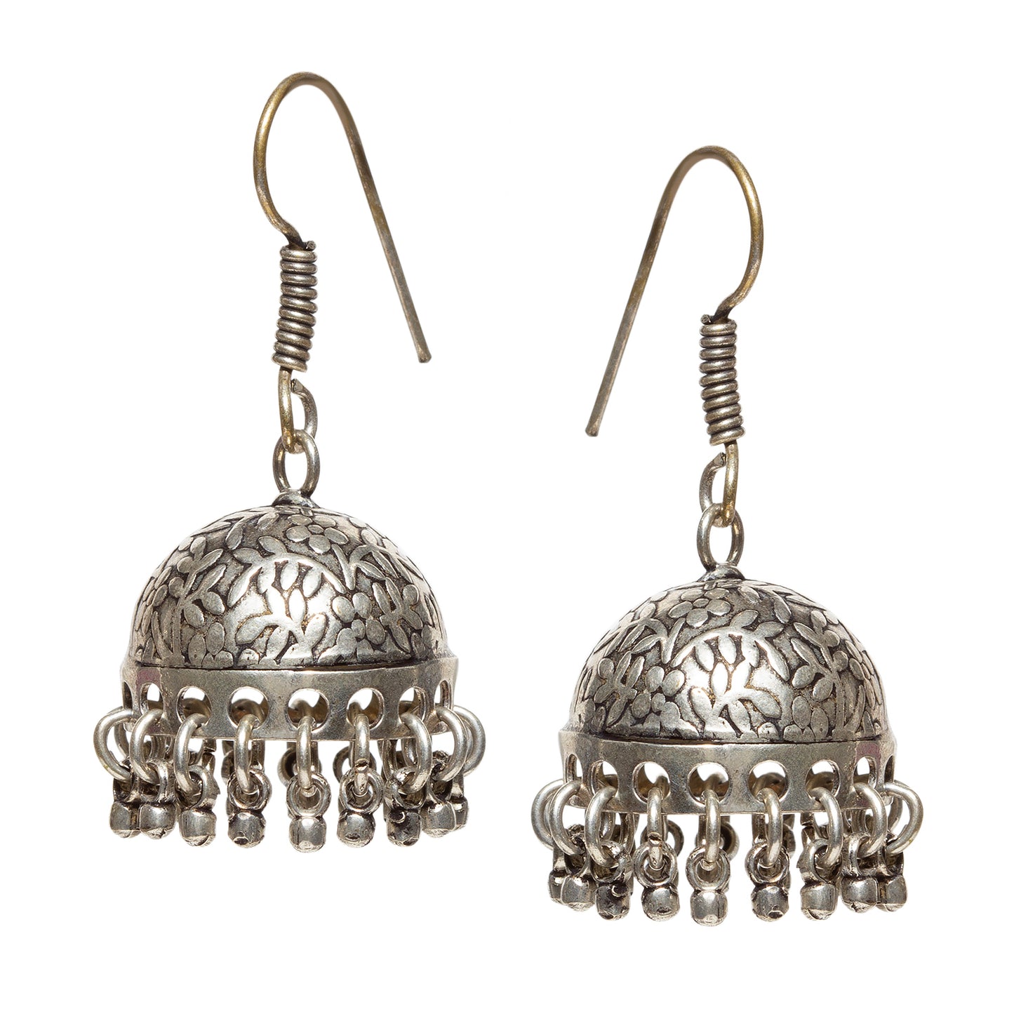 bindhani silver toned hand hammered oxidized german silver jhumki earrings for women and girls