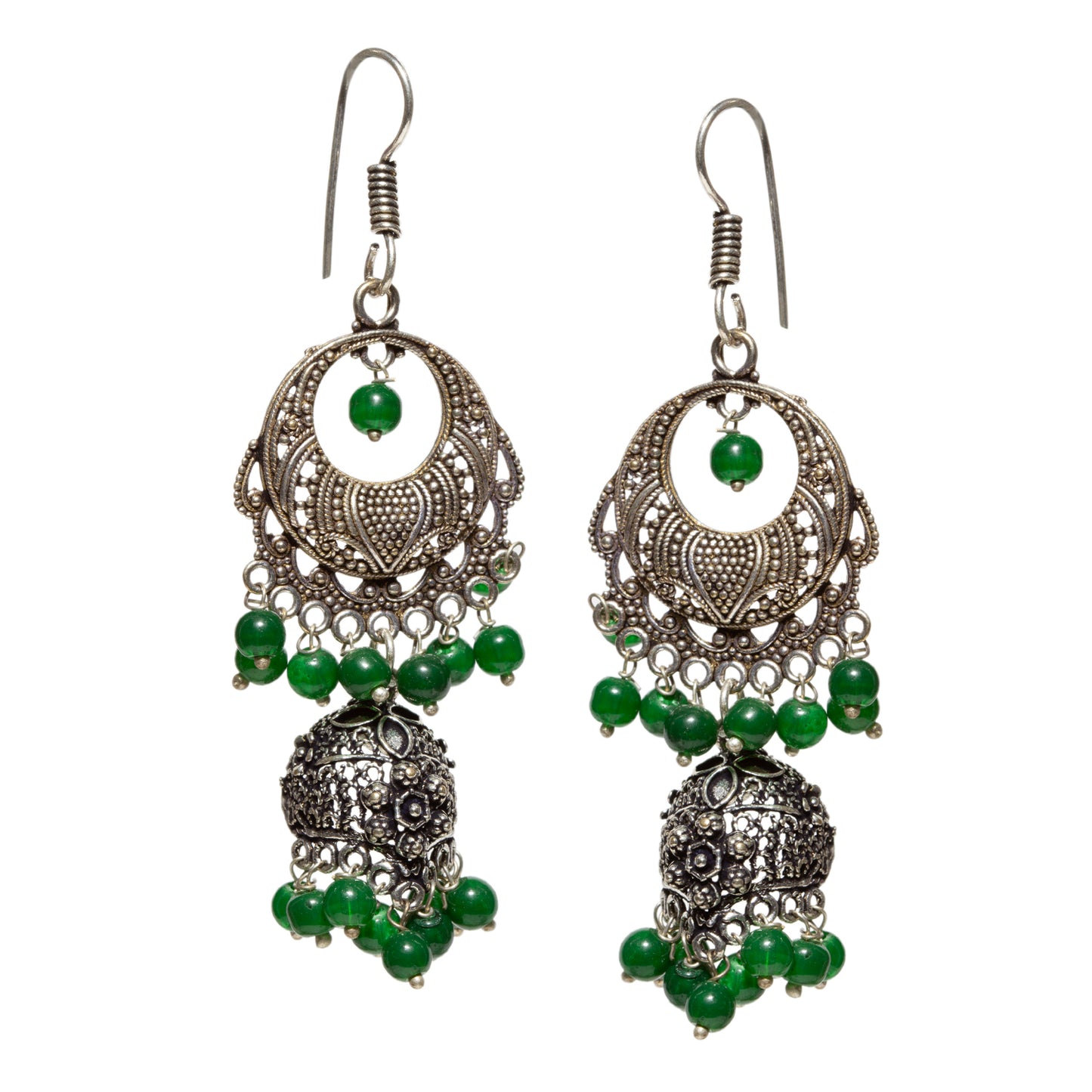 bindhani silver toned lightweight green beaded oxidised longer hanging jhumki earrings fish hook wire for women and girls
