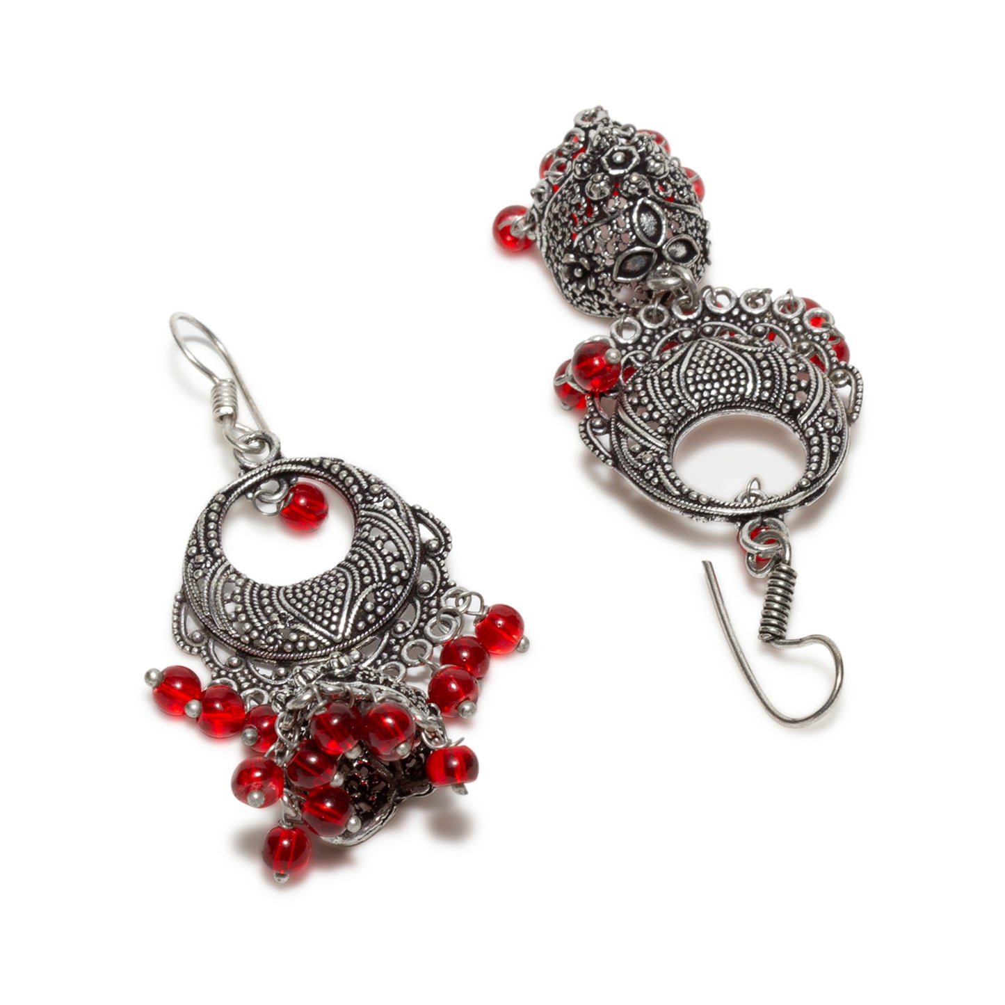 bindhani silver toned lightweight red beaded oxidised longer hanging jhumki earrings fish hook wire for women and girls