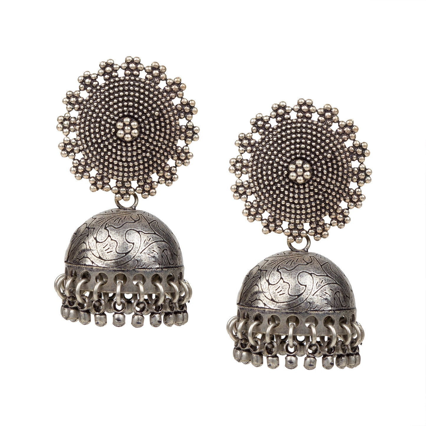 bindhani silver toned oxidized silver plated brass jhumki earrings for women and girls