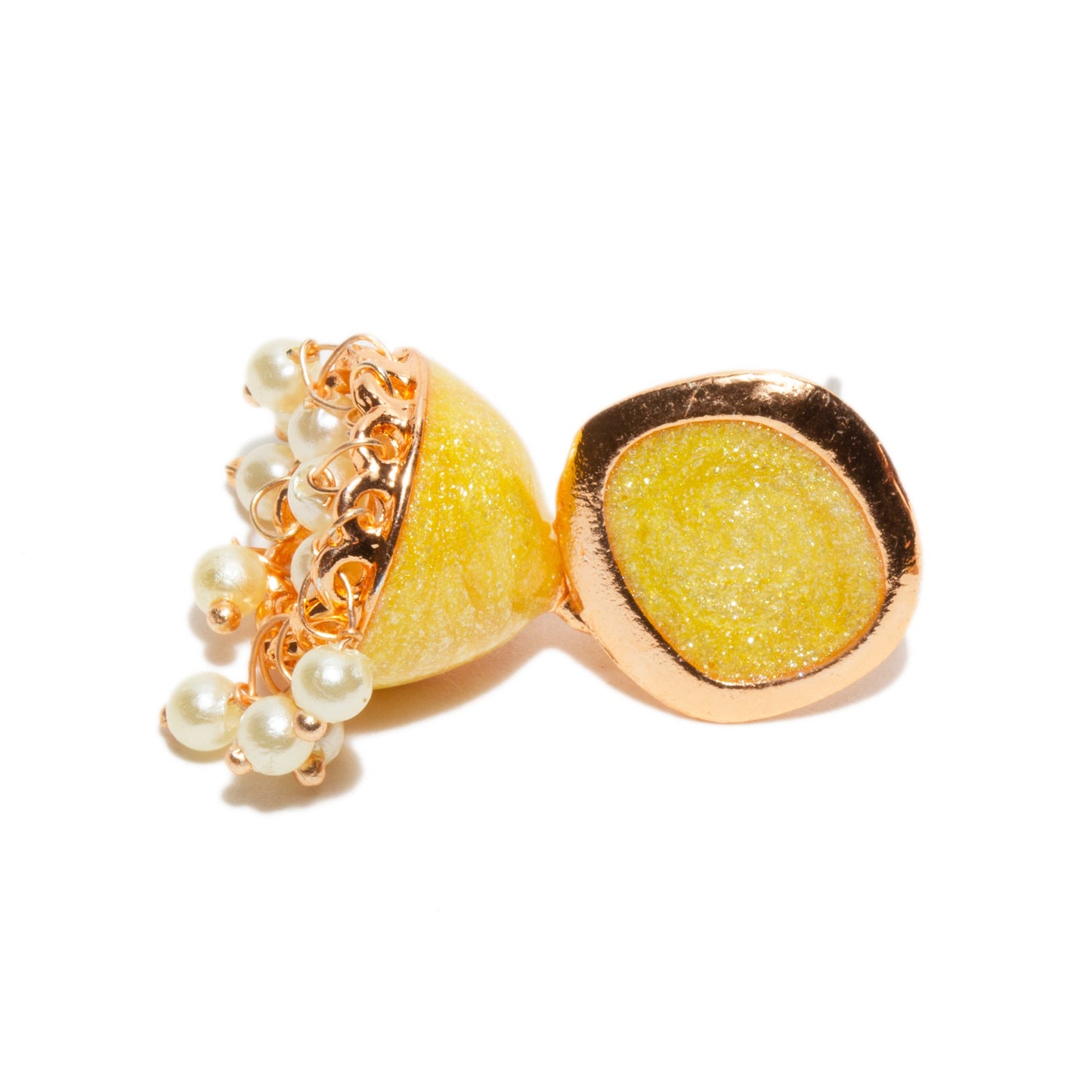 Bindhani mango yellow meenakari enamel jhumka with pearl danglers on a with white background.