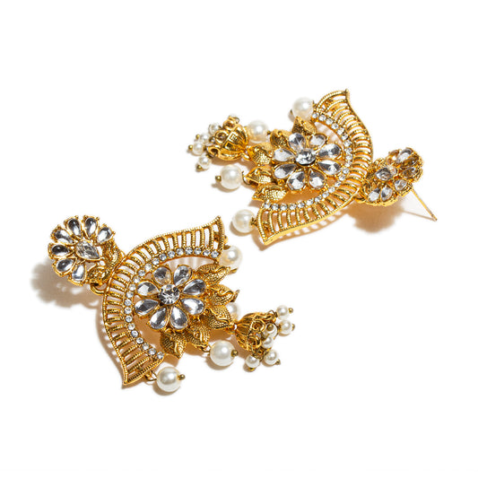 Front and back view bindhani gold plated pearls drop kundan stone earrings women