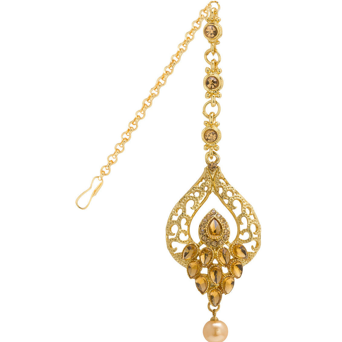 Small Bindhani gold-toned filigree-style maang tikka for women with intricate cut-out design, adorned with golden-colored teardrop stones, small round stones along the chain, and a single dangling pearl at the bottom