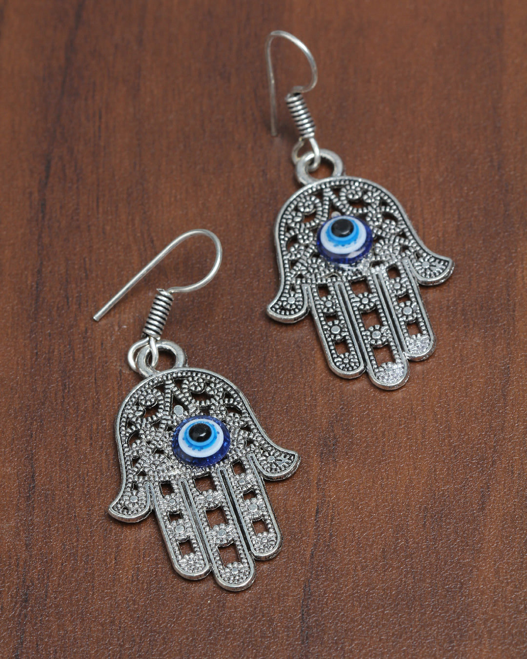 Bindhani silver plated evil eye protection charm oxidised earrings secured with fish hook wire for women and girls