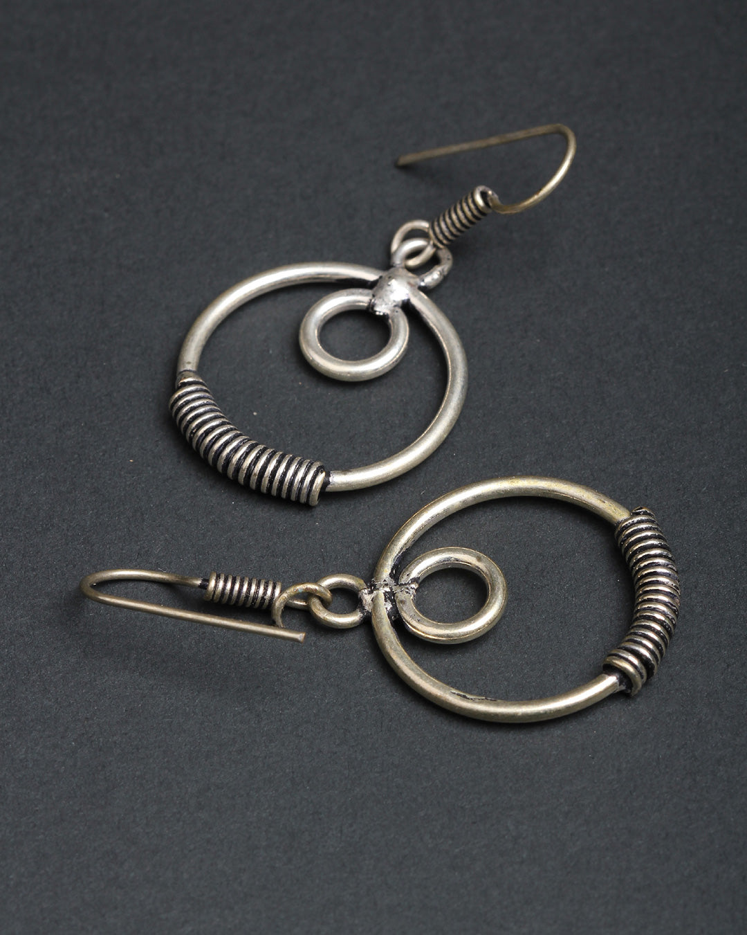 Bindhani silver plated concentric circles oxidised earrings secured with fish hook earwire for women and girls