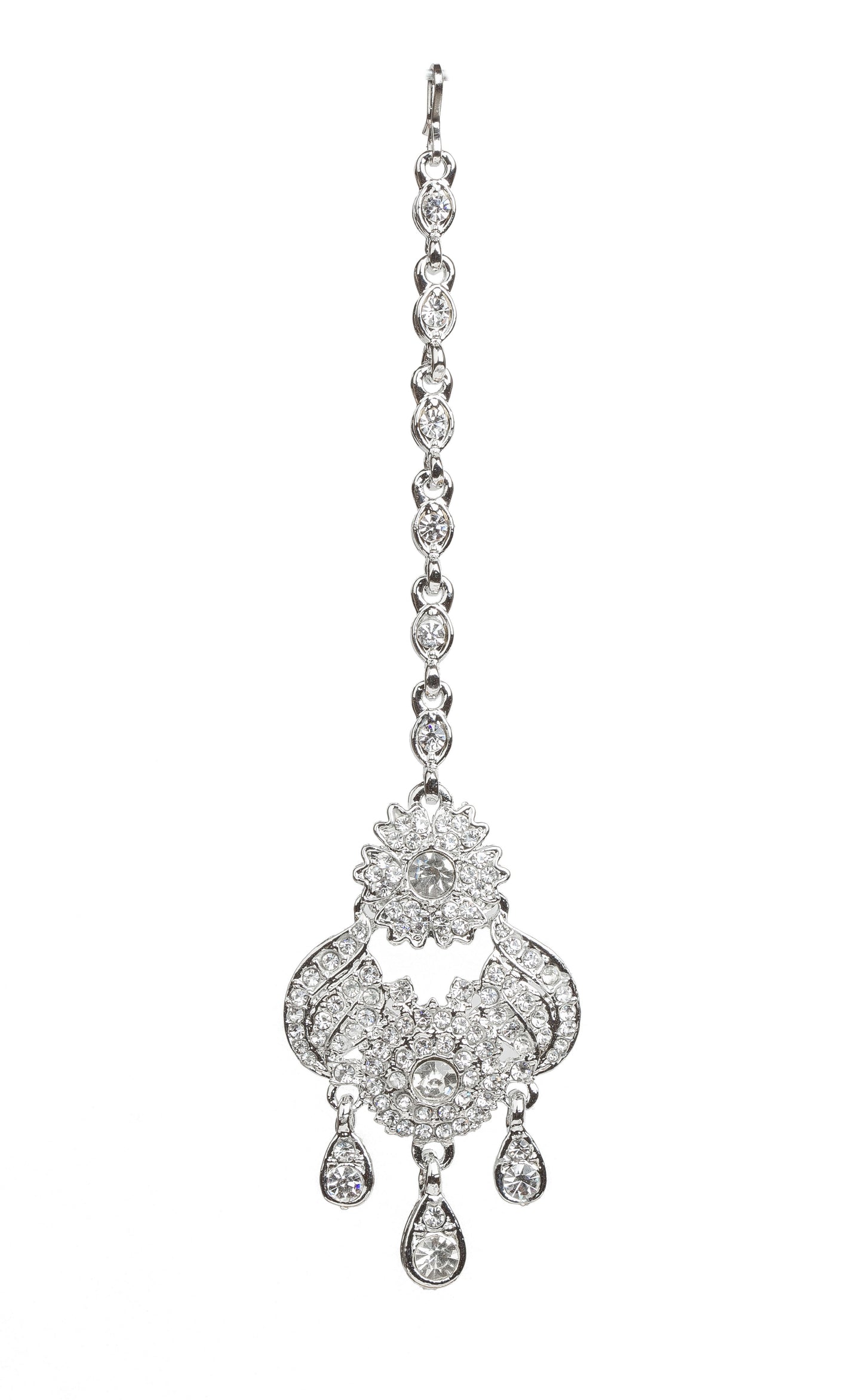Bindhani silver-plated maang tikka featuring an intricate floral and paisley-inspired design embellished with clear stones. The tikka showcases a central floral motif, curved decorative detailing, and multiple teardrop-shaped stone danglers. Attached to a delicate silver-toned chain. Front view displayed on a white background.