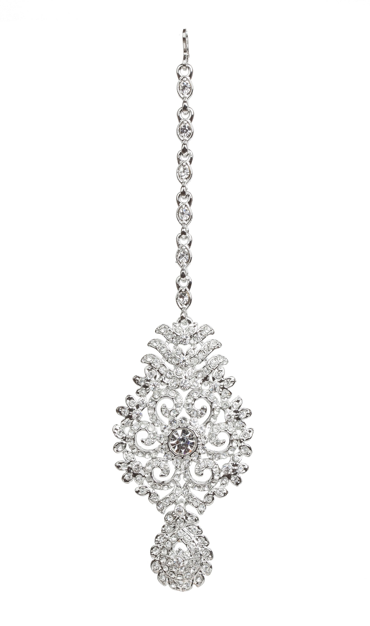 Bindhani silver-toned maang tikka featuring clear stones and sparkling crystal accents. The tikka showcases an intricate floral and leaf-inspired design with detailed scrollwork, a central round clear stone, and a teardrop-shaped stone-studded bottom drop. Front view displayed on a white background.