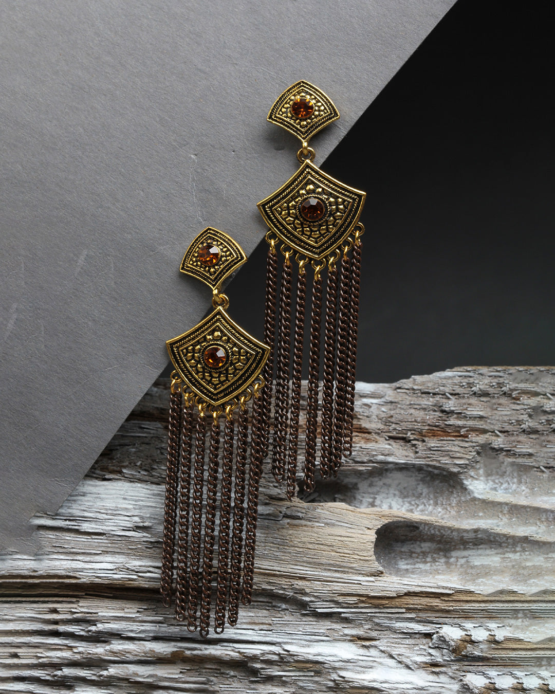 Bindhani gold plated Brown stone long tassel waterfall dangle earrings secured with post back closure for women and girls