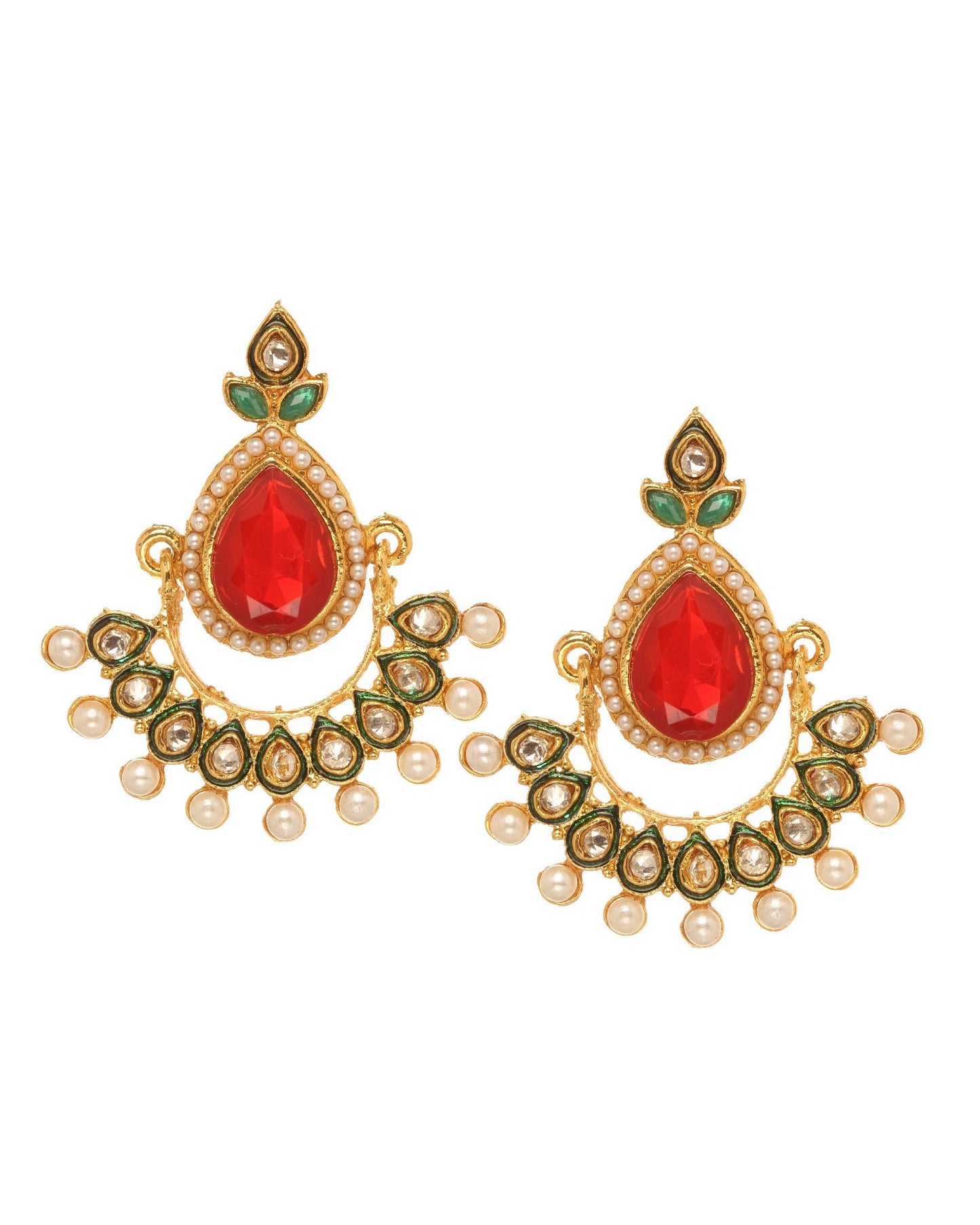 Bindhani gold plated beads enamel work, red white stone earrings secured with post back closure for women and girls