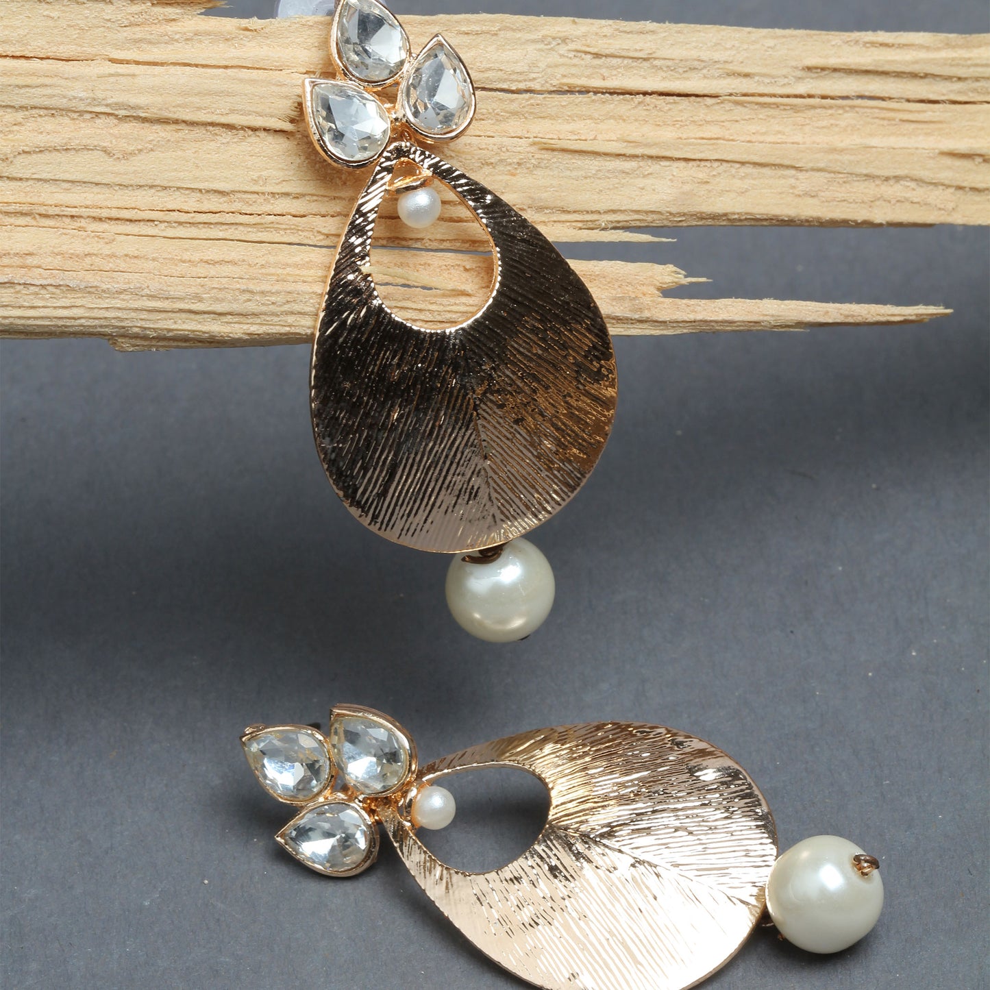 Bindhani rose gold plated white pearl drop & white stone dangle earrings secured with post back closure for women and girls