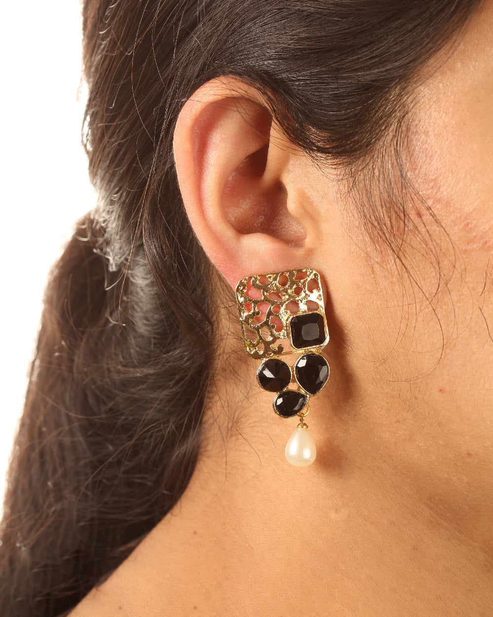 bindhani gold plated pearl drop black stone earrings for women