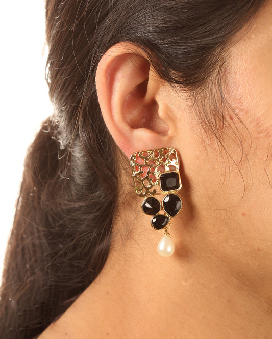 bindhani gold plated pearl drop black stone earrings for women