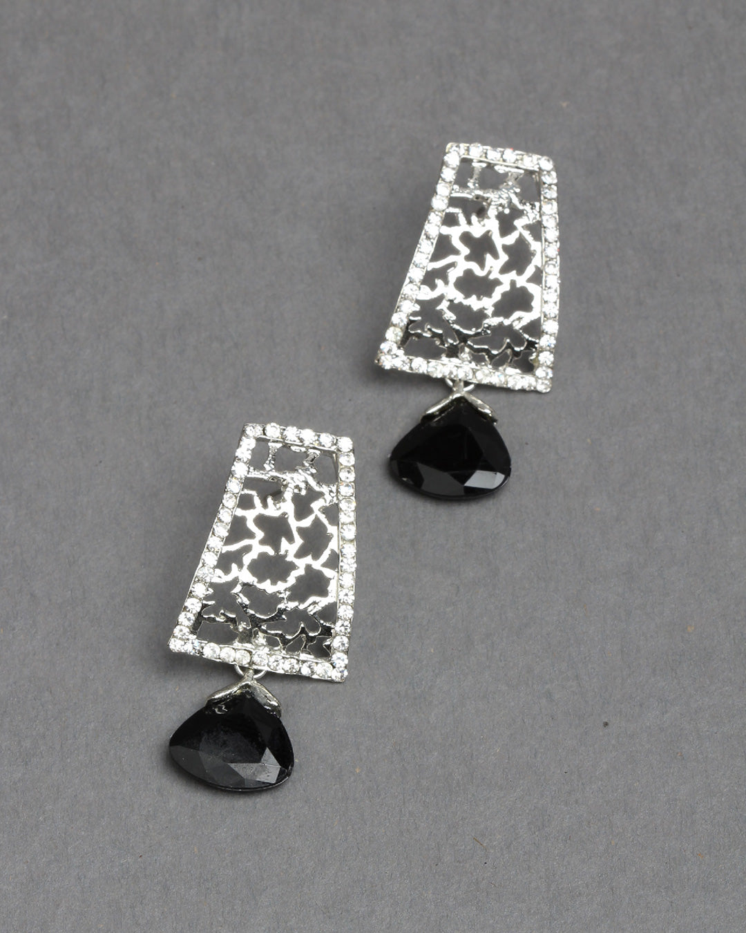Bindhani silver tone black drop and white stone earrings secured with post back closure for women and girls