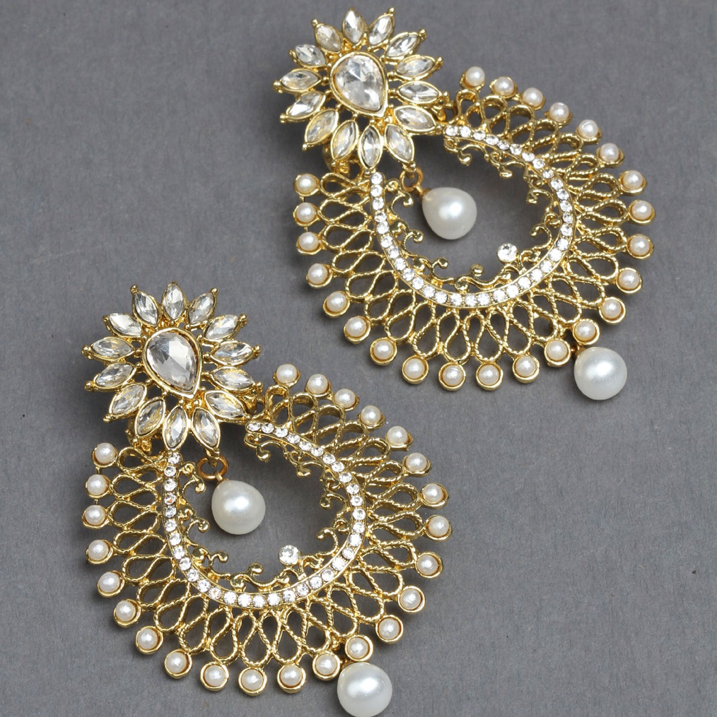 Bindhani gold plated pearls drop & stone large size pearl drop earrings secured with post back closure for women and girls