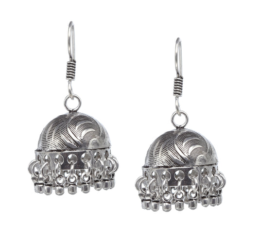 bindhani silver toned lightweight hand hammered oxidized german silver jhumki, earrings secured with post back closure for women and girls