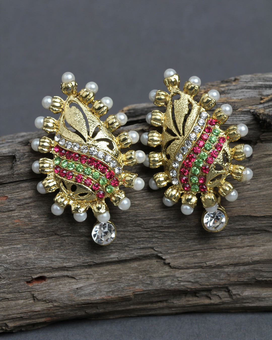 Bindhani gold plated white beads & pink white green colors stone earrings secured with post back closure for women and girls