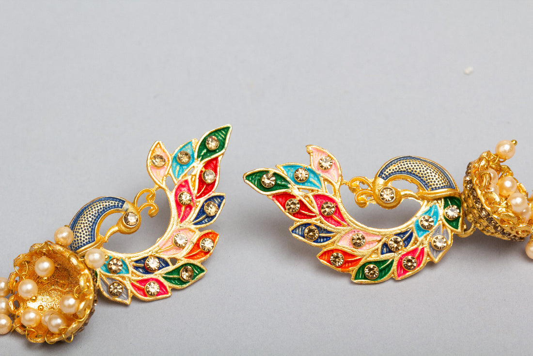 Bindhani multicolor meenakari peacock jhumki earrings for women