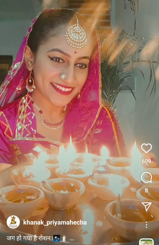 MS.Priya Mahecha wearing bindhani kundan earrings tikka on her dilwali celebration for instagram reel promotion