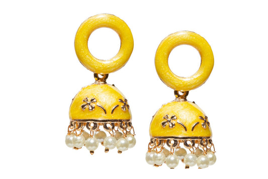 bindhani hand-made small cute yellow gold-plated meenakari jhumki for ester celebration