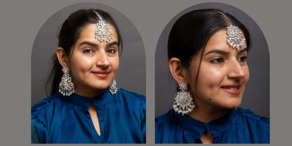 women-wear-silver-maang-tikka-earrings