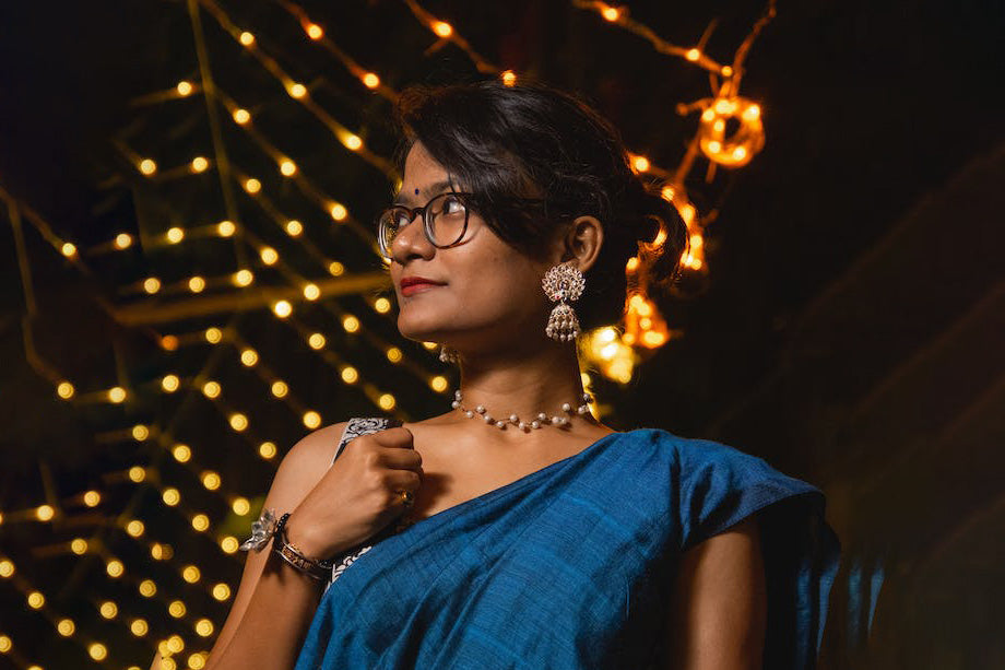 work-wear-peacock-meenakari-kundan-jhumka-earrings-with-blue-cotton-saree