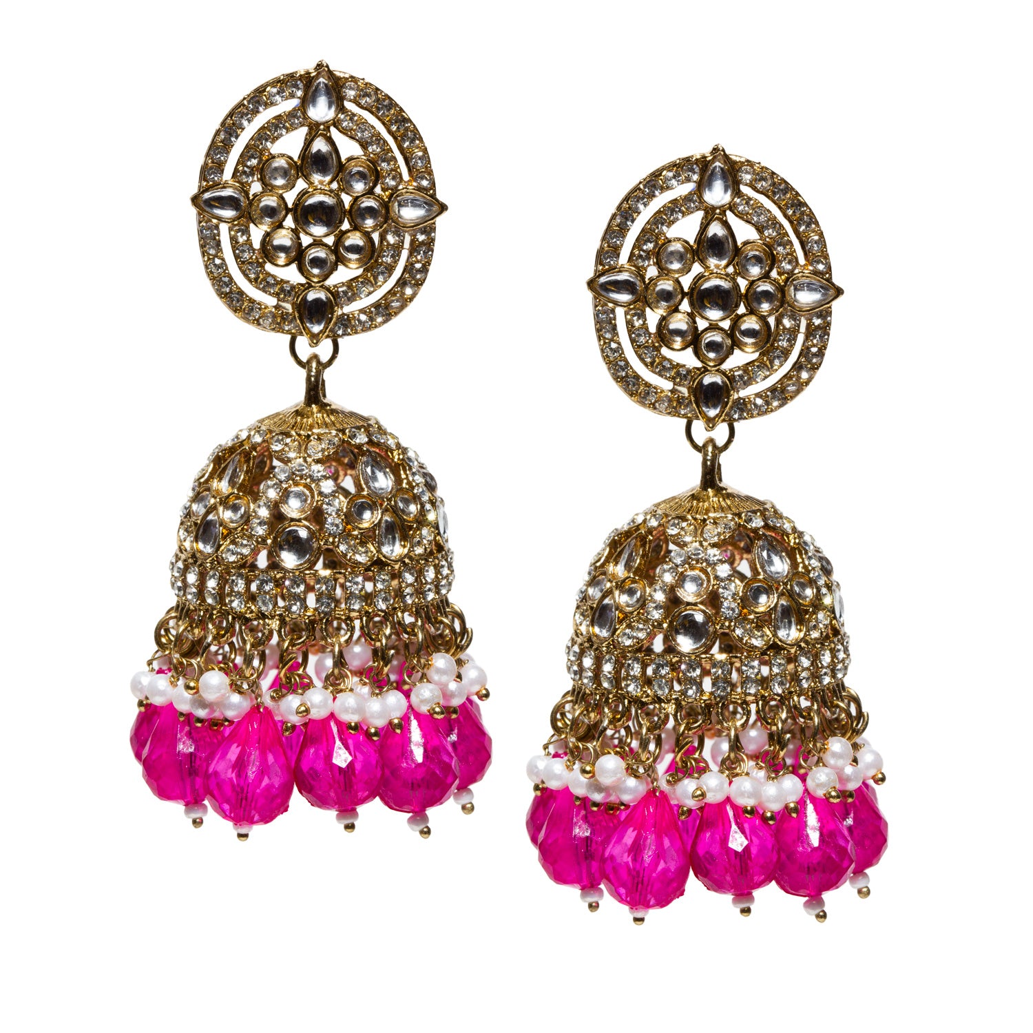 bindhani crafted white kundan stone mehandi gold-plated big size rani-pink jhumka earrings for women, perfect for indian hot rani-pink sarees, suit and wedding lehenga.