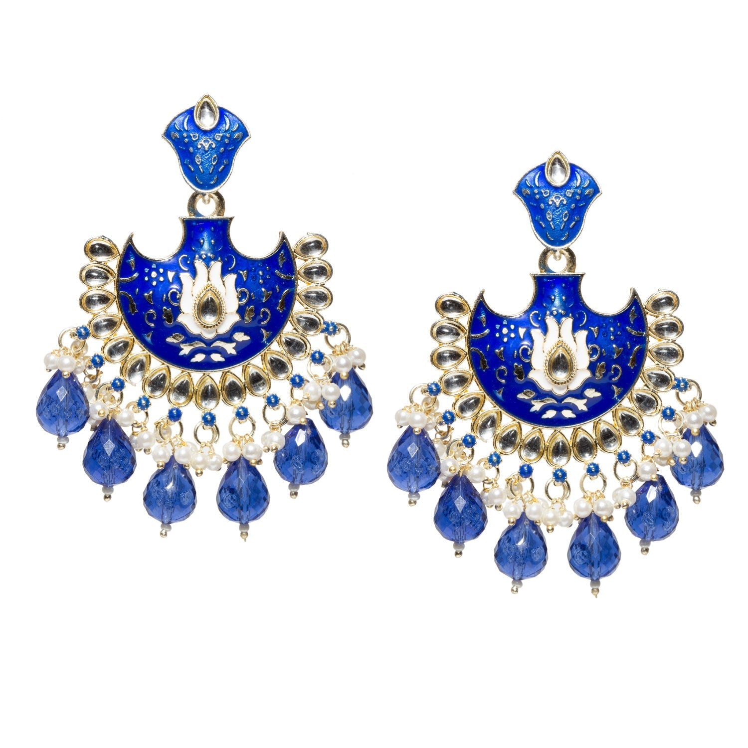 bindhani crafted blue earrings with blue crystal drops, kundan stones and blue meenakari work. This big weightless blue earrings is perfect choice for women and teenage girls