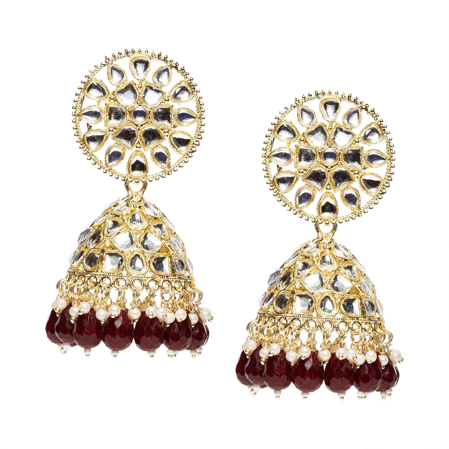 bindhani indian women artist handmade kundan stone big maroon colour jhumka earrings for women, perfect matching with saree, lehenga, suit and anarkali dress.