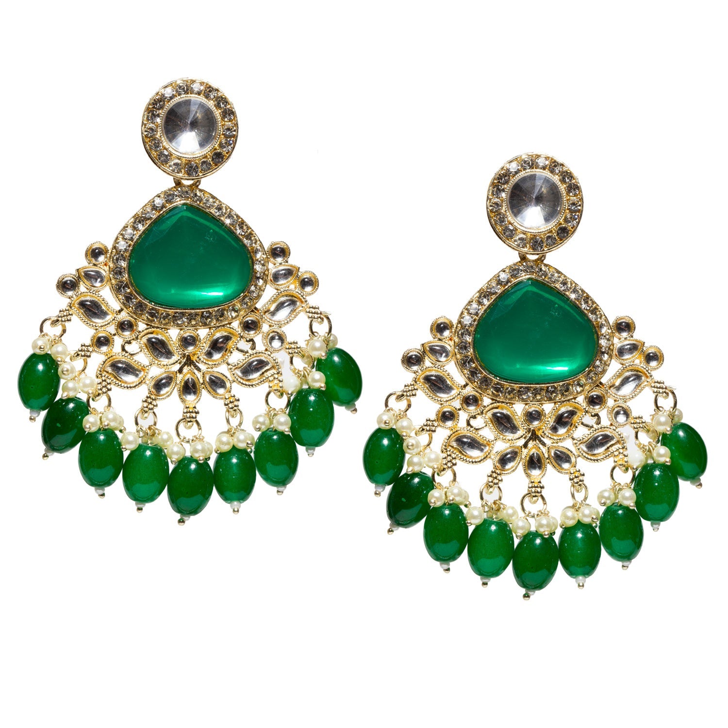 bindhani artist crafted traditional green earrings with green drops, white kundan stones and gold-plating. earrings matching with green saree, kurti, lehenga and salwar suit