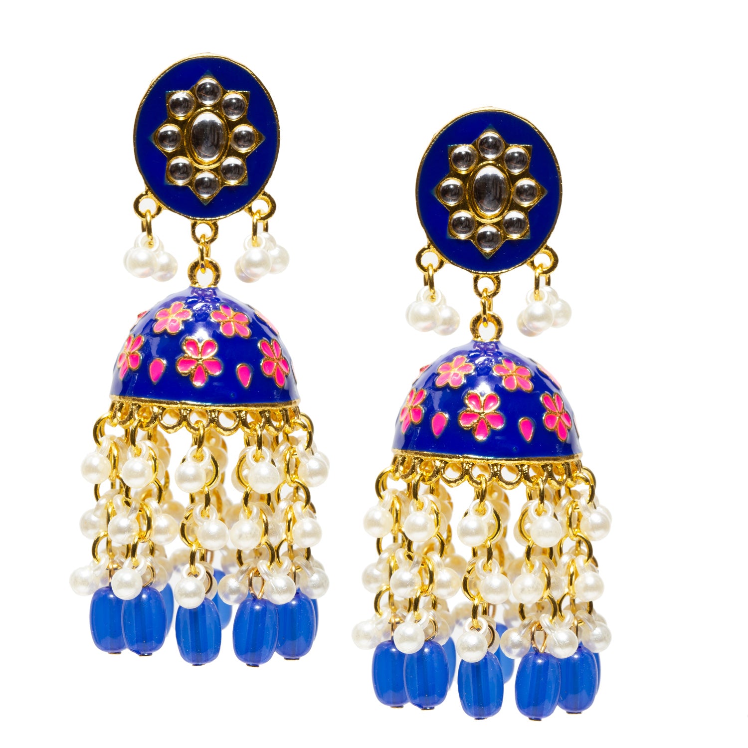 bindhani crafted pair of blue meenakari jhumka with pink flower details, white kundan stones, white pearl drop and blue color hanging drop for women