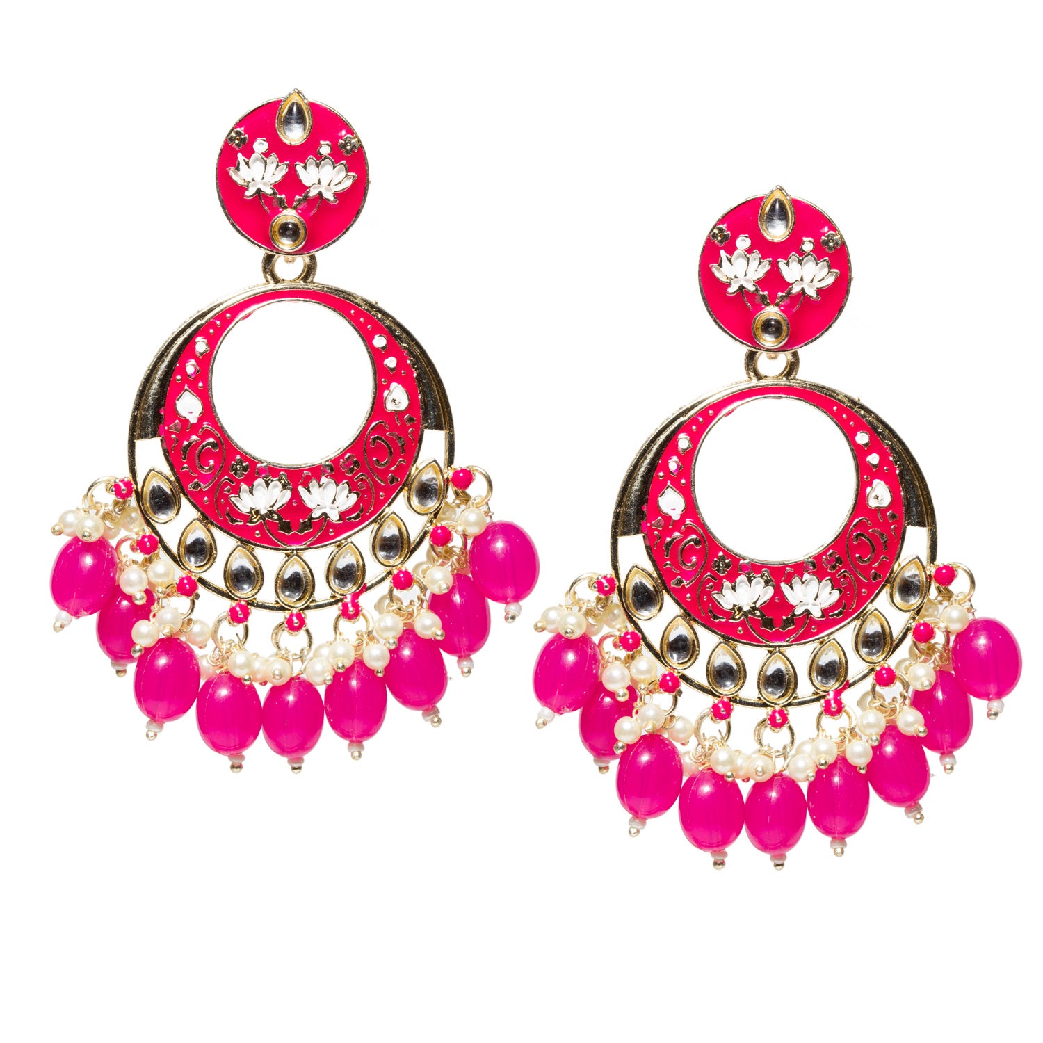 bindhani artist handmade hot pink color meenakari, white kundan stone, rani-pink dangle & drop earrings for women 